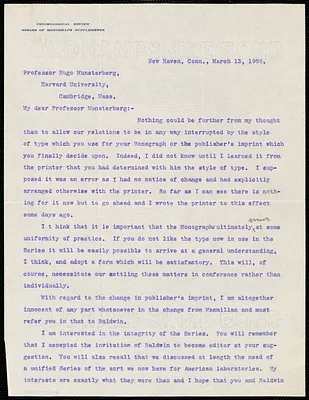 Judd, Charles Hubbard, 1873-1946 typed letter signed to Hugo Münsterberg, New Haven, Conn., 13 March 1906