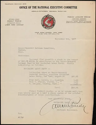Arnold Petersen (Office of the National Executive Committee, Socialist Labor Party of America) typed letter signed to Sacco-Vanzetti Defense Committee, New York, N. Y., September 9, 1927