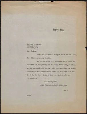Mary Donovan (Sacco-Vanzetti Defense Committee) typed note (copy) to Clarina Michelson, Boston, Mass., October 14, 1927