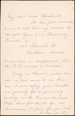 Jennie Leys autograph letter signed to Zula [M.] Woodhull, Malden, Mass., [1900]
