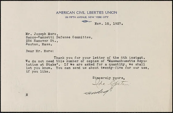 Ida Epstein (American Civil Liberties Union) typed note signed to Joseph Moro, New York, N. Y., November 10, 1927