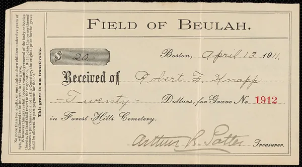 Receipt from Forest Hills Cemetery for Robert F. Knapp, April 13, 1911