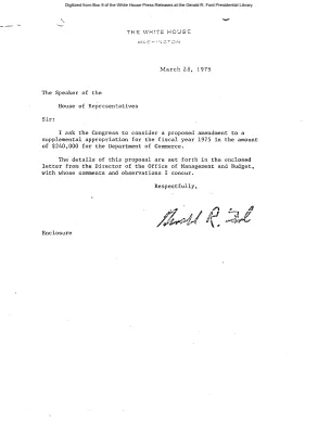 Letter from President Ford to the Speaker of the House of Representatives to consider a proposed amendment to a supplemental appropriation for the fiscal year 1975