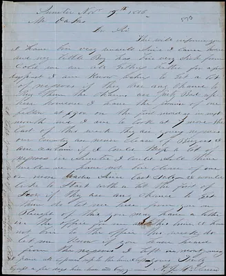 A. J. McElveen, Sumter, S.C., autograph letter signed to Ziba B. Oakes, 17 November 1856