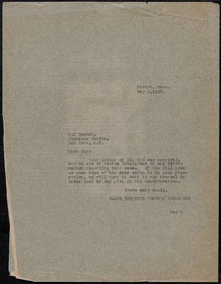 Sacco-Vanzetti Defense Committee typed note (copy) to G. D. Carmer, Boston, Mass., May 6, 1927