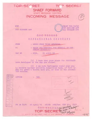 Cable, Winston Churchill to Dwight D. Eisenhower Regarding Inspection Teams to be Sent to Ohrdruf Camp