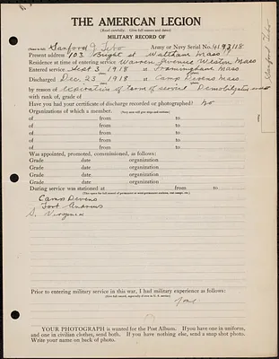 American Legion military record of Sanford J. Tebo