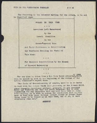 Herbert Brutus Ehrmann Papers, 1906-1970. Sacco-Vanzetti. Tercentenary, Harvard University, 1936: press releases relating to "Walled in this Tomb". Box 14, Folder 14, Harvard Law School Library, Historical & Special Collections