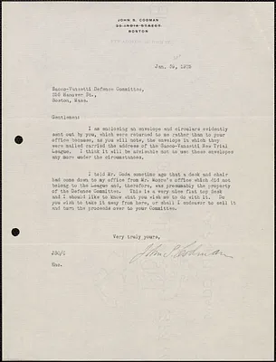 John S. Codman typed letter signed to Sacco-Vanzetti Defense Committee, Boston, Mass., January 30, 1925