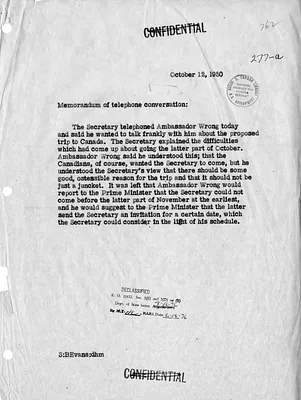 Memorandum of Telephone Conversation with Secretary of State Dean Acheson and Ambassador of Canada Hume Wrong