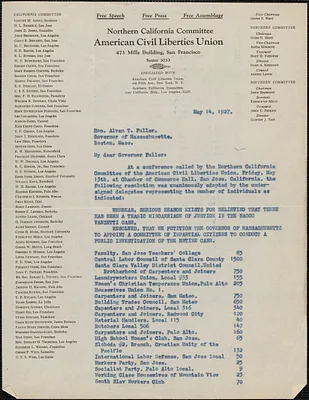 Northern California Committee, American Civil Liberties Union typed letter (copy, incomplete) to Alvan T. Fuller, San Francisco, Calif., May 14, 1927