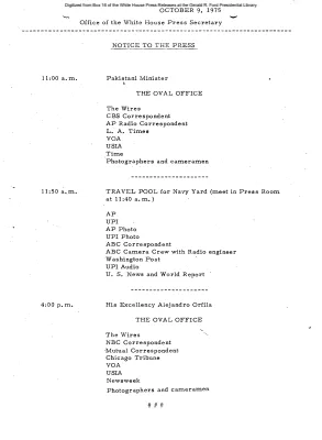 Press Pools for October 9, 1975 [Pool Assignments]
