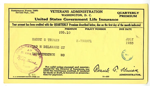 Insurance Premium Notice for Harry S. Truman, United States Veterans Administration