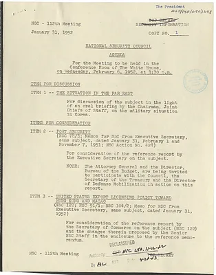 Agenda for the One Hundred and Twelfth Meeting of the National Security Council