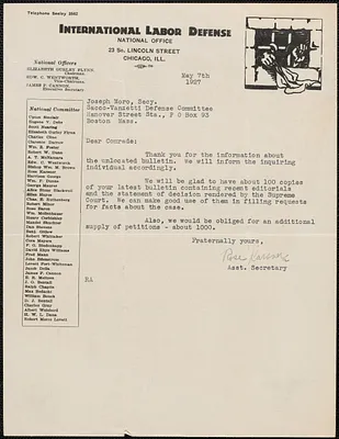Rose Karsner (International Labor Defense) typed letter signed to Joseph Moro, Chicago, Ill., May 7, 1927