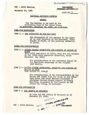 Agenda of the One Hundred and Tenth Meeting of the National Security Council