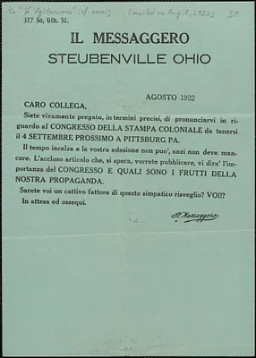 Il Messaggero printed advertisement, in Italian, to L'Agitazione, Steubenville, Ohio, August 1922