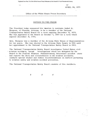 President Nominates Isabel A. Burgess as a member of the National Transportation Safety Board [Position Appointments and Resignations]