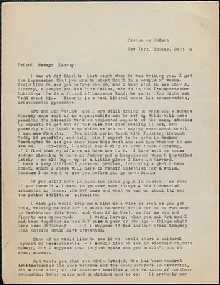 [Thomas O'Connor, Citizens National Committee for Sacco and Vanzetti] typed letter (copy) to Harvey [O'Connor], Croton-on-Hudson, N. Y., September 4, [1927]