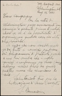 S. Bernardini autograph letter signed, in Italian, to [Emilio Coda?] Wilmington, Del., August 18, 1921