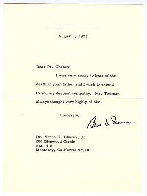 Condolence Letter from Bess Truman to Dr. Verne E. Chaney, Jr.