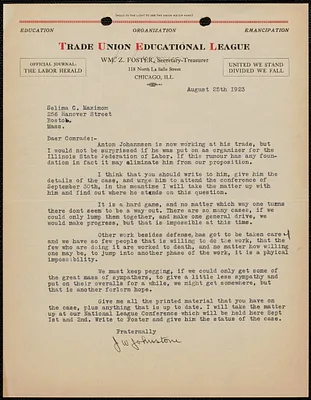 J. W. Johnstone (Trade Union Educational League), typed letter signed Selma Maximon, Chicago, Ill., August 25, 1923