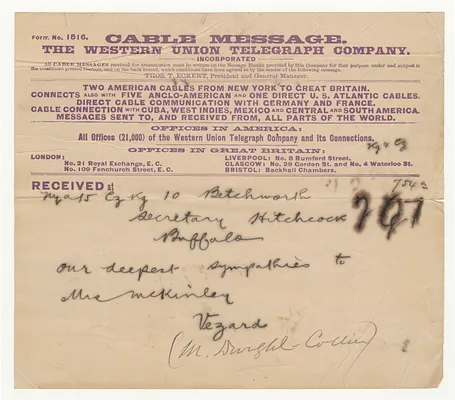Telegram from Vezard to Secretary Hitchcock