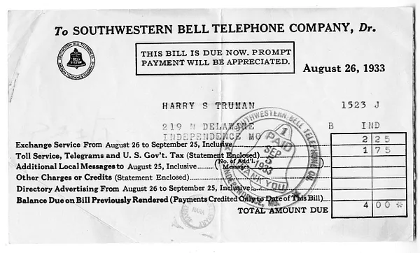 Bill from Southwestern Bell Telephone Company to Harry S. Truman