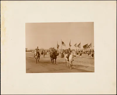 Plymouth Tercentenary Pageant, grand finale, riders with march of all state flags in background