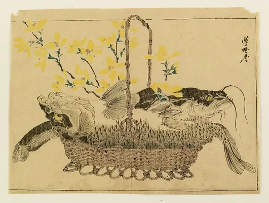 Catfish, carp, and flowers in a basket