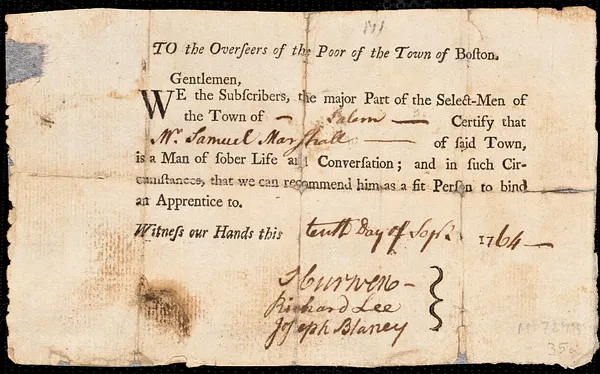 William Bright indentured to apprentice with Samuel Marshall of Salem, 17 September 1764