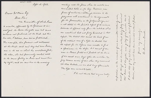 Herbert Brutus Ehrmann Papers, 1906-1970. Sacco-Vanzetti. A. Lawrence Lowell: letter, other data. Box 13, Folder 4, Harvard Law School Library, Historical & Special Collections