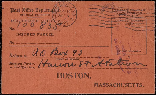 Post Office Department printed form to Sacco-Vanzetti Defense Committee, New York, N. Y., April 12, 1927