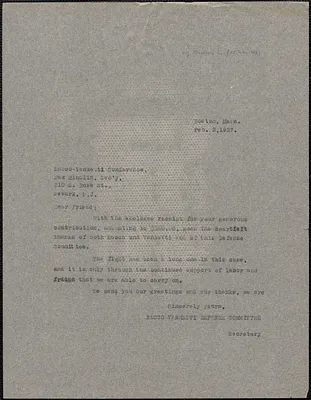 Sacco-Vanzetti Defense Committee typed letter (copy) to Max Mindlin (Sacco-Vanzetti Defense Conference, Newark, New Jersey), Boston, Mass., February 3, 1927