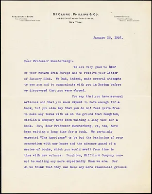 Bradley, W. A., fl. 1907 typed letter signed to Hugo Münsterberg, New York, 25 January 1907