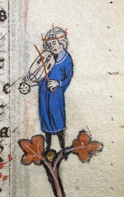 Leaf from Book of Hours: Matins Lesson 5, Initial V with Haloed Monk with Rod and a Man Playing a Vielle in the Margin
