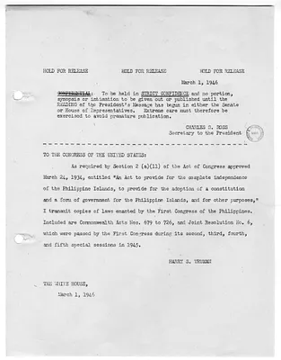 White House Press Release, Message from President Harry S. Truman to the United States Congress