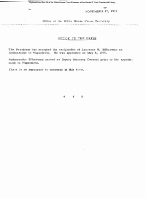 Resignation of Laurence H. Silberman as Ambassador to Yugoslavia [Position Appointments and Resignations]