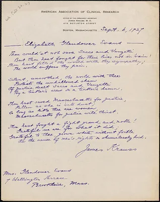 James Krauss (American Association of Clinical Research) autograph letter signed to [Elizabeth] Glendower Evans, Boston, Mass., September 6, 1927