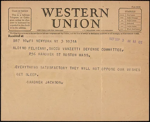 Gardner Jackson telegram to Aldino Felicani, New York, N. Y., September 3, 1927