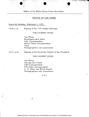 Pools for Monday, February 3, 1975 [Pool Assignments]