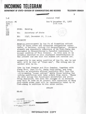 Telegram from John Leighton Stuart to Secrertary of State George C. Marshall