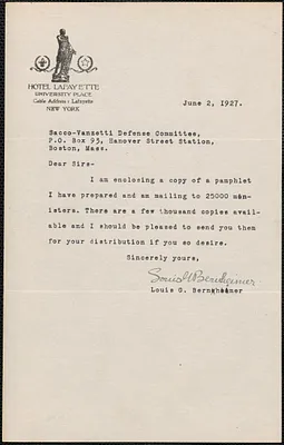 Louis G. Bernheimer typed note signed to Sacco-Vanzetti Defense Committee, New York, N.Y., June 2, 1927