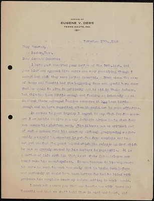 Theodore Debs typed letter signed to Mary Donovan, Terre Haute, Ind., November 17, 1924