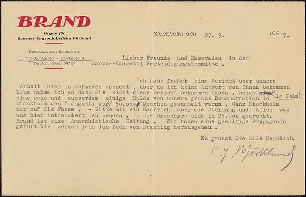 C. J. Björklund (Brand) typed note signed, in Swedish, to Sacco-Vanzetti Defense Committee, Stockholm, Sweden, September 27, 1927