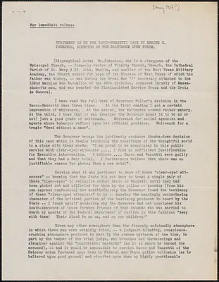 Mercer G. Johnson (Baltimore Open Forum) typed statement [Baltimore, Md.?, May 1927?]
