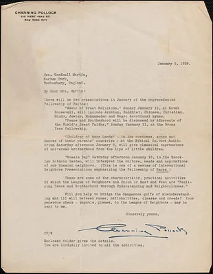 Channing Pollock typed letter signed to [Victoria Woodhull Martin], New York, January 5, 1926
