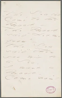 Emily Dickinson, Amherst, Mass., autograph manuscript poem: The Sea said "Come" to the Brook, 1872