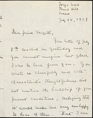 Gertrude L. Winslow autographed letter signed to Bartolomeo Vanzetti, Forge Wood, Pound Hill, Sussex, 1927 July 24