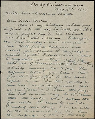 W.E. Carey autographed letter signed to Nicola Sacco and Bartolomeo Vanzetti, Windthorst, [TX?], 2 May 1927